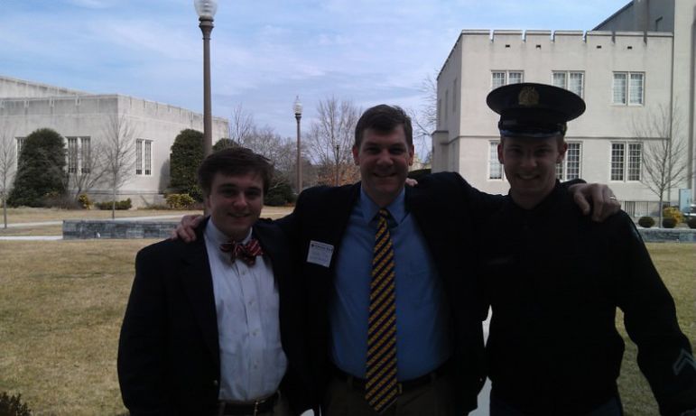 West Smithers (left) and Frank Hargrove (right) outside of General Marshall Hall on the campus of VMI