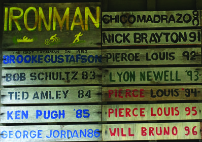 Signs commemorating the winners of our camp Ironman race.