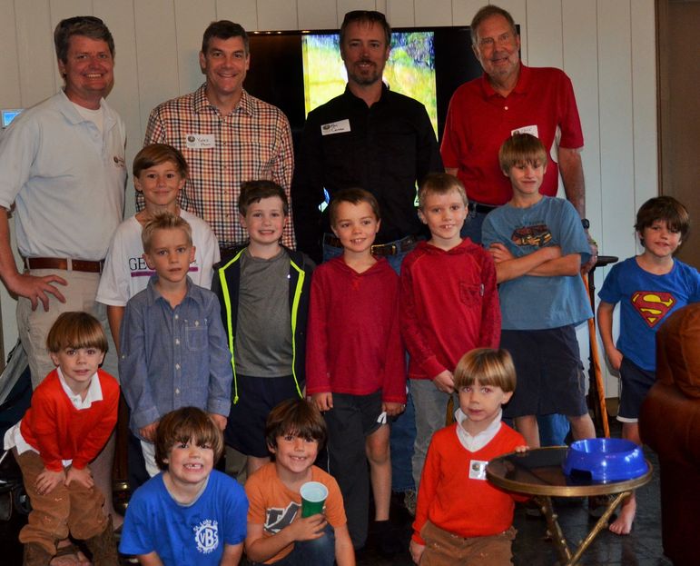 Falling Creek Campers, boys who came to learn about camp, alumni, and dads who have attended Father/Son Weekend, posed for a group shot.