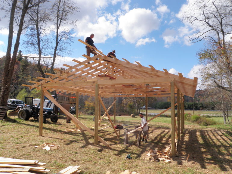 Jerry, Simon, and Drew working on a new Falling Creek Horse Shelter in Fishers Field