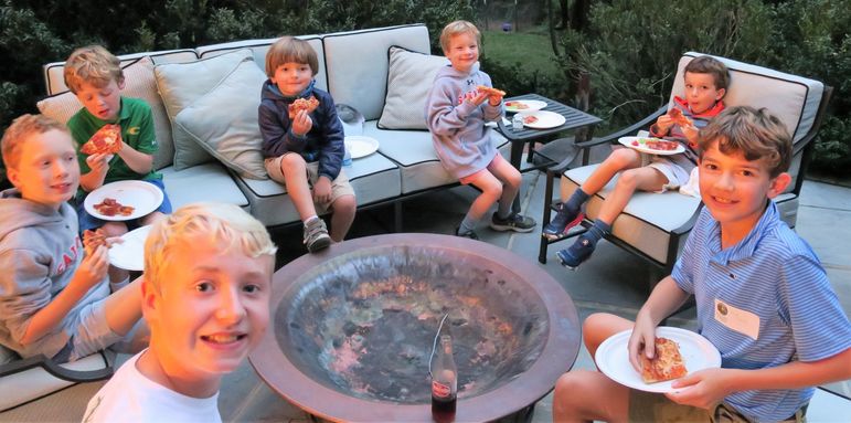 Enjoying pizza and friends at the Richmond, VA movie show and reunion