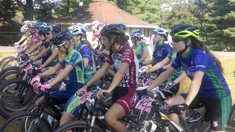 Allison (front Right) and Annie (center rear) at the start of the Mars Hill Cross Country Race on 10-6-13