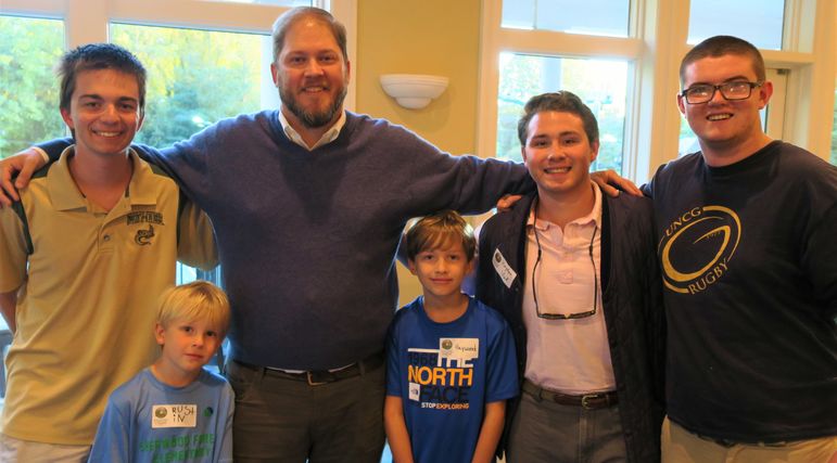 Andrew, Rob Wall, Hayden, and Dougie standing with Rob and Elizabeths sons, Haywood and Rustin. Rob is enjoying the fact that his sons are getting to experience the same Falling Creek Camp summer that he did. In fact Rob was in Yates’ Cabin in 1987.